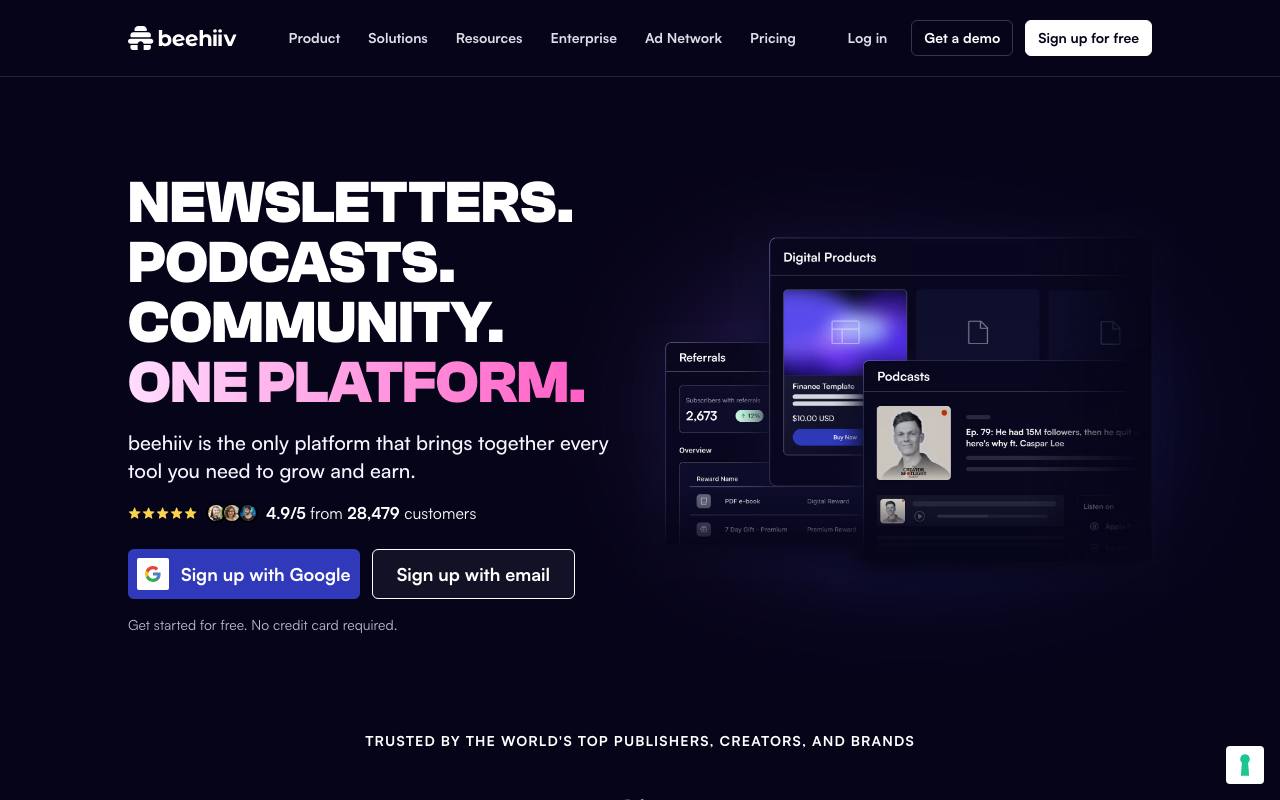 Screenshot of the beehiiv homepage