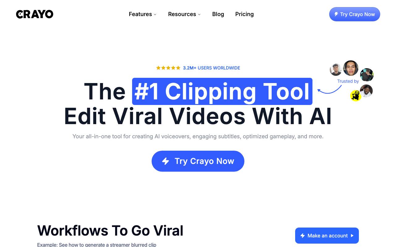 Screenshot of the Crayo homepage