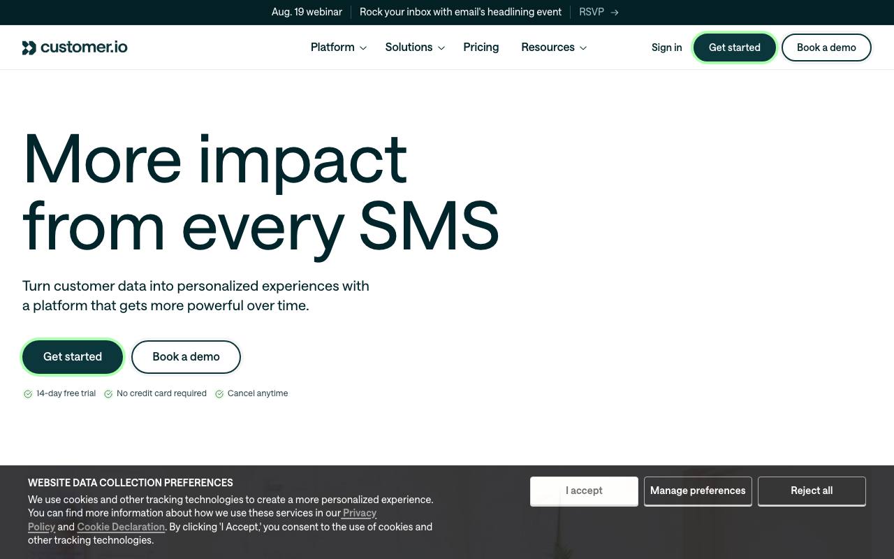 Screenshot of the Customer.io homepage