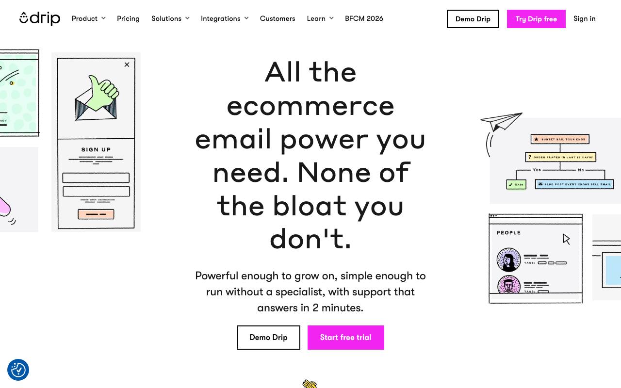 Screenshot of the Drip homepage