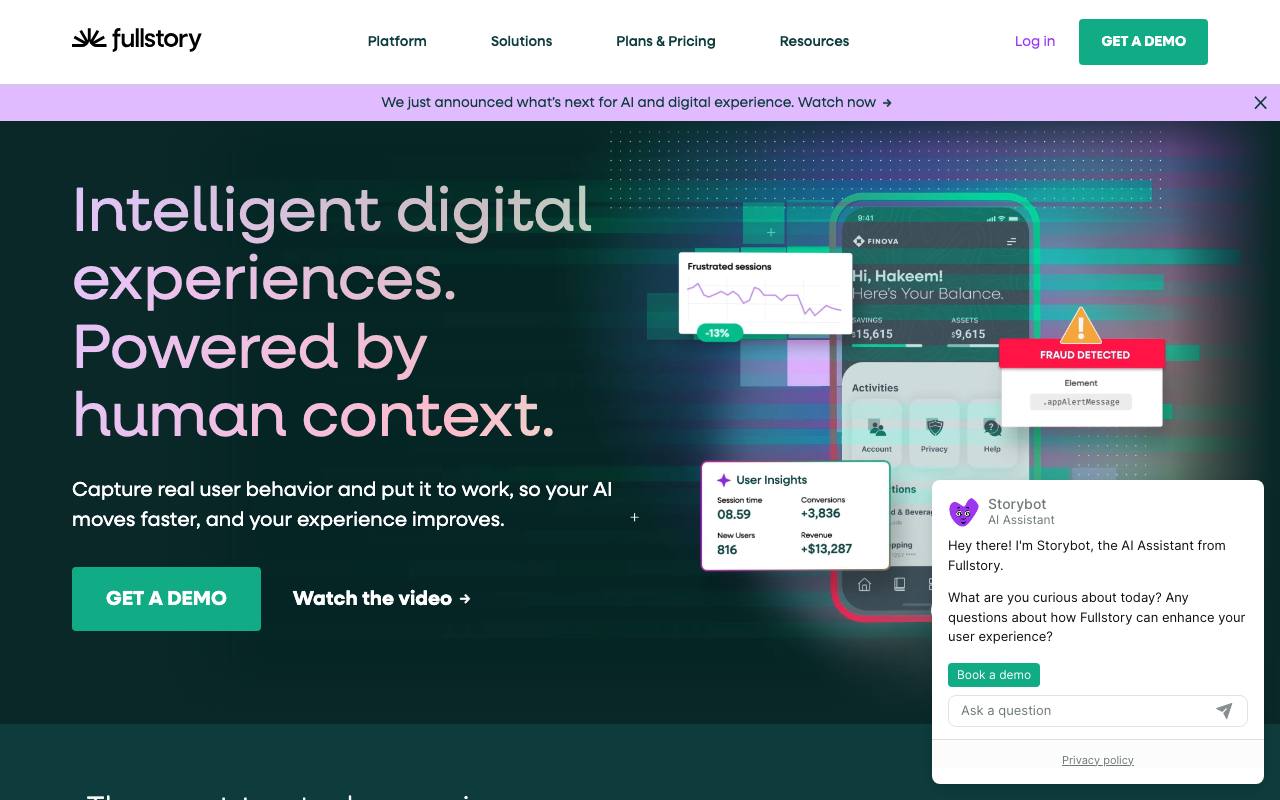 Screenshot of the Fullstory homepage
