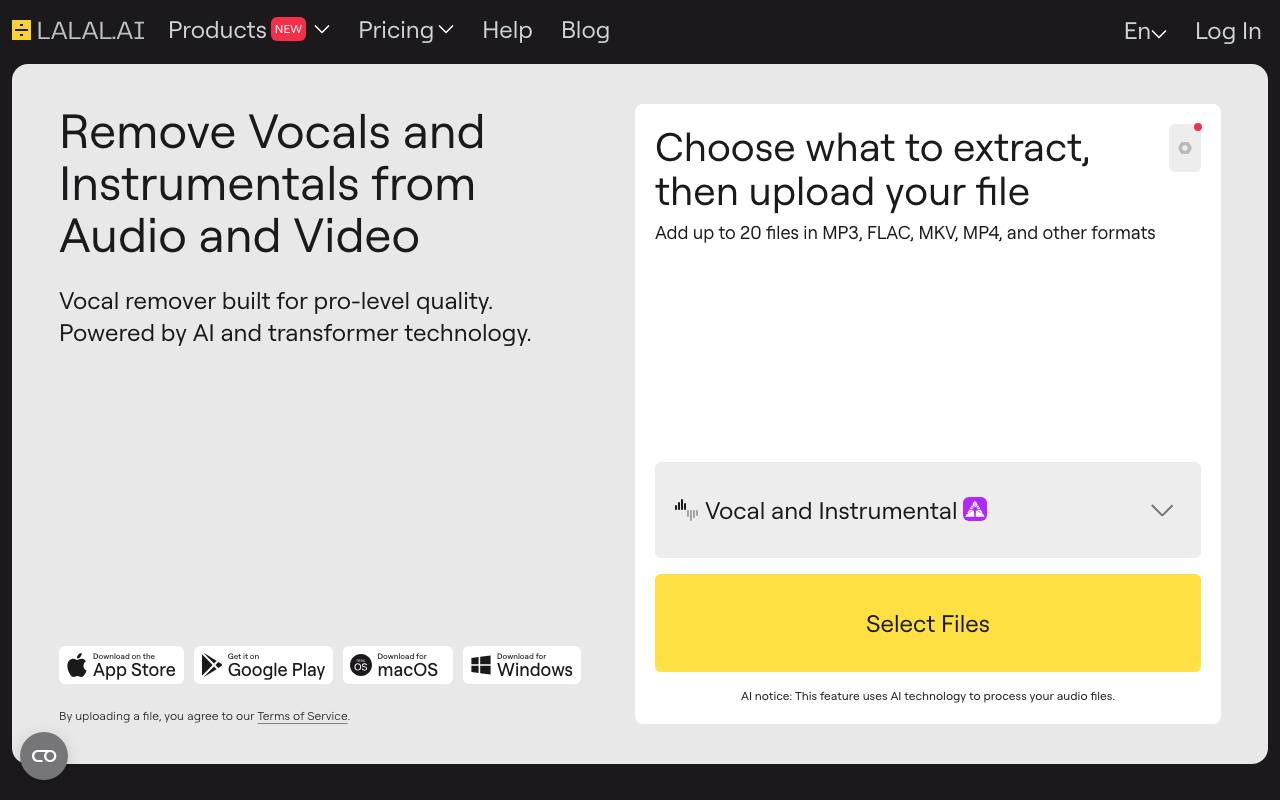 Screenshot of the LALAL.AI homepage