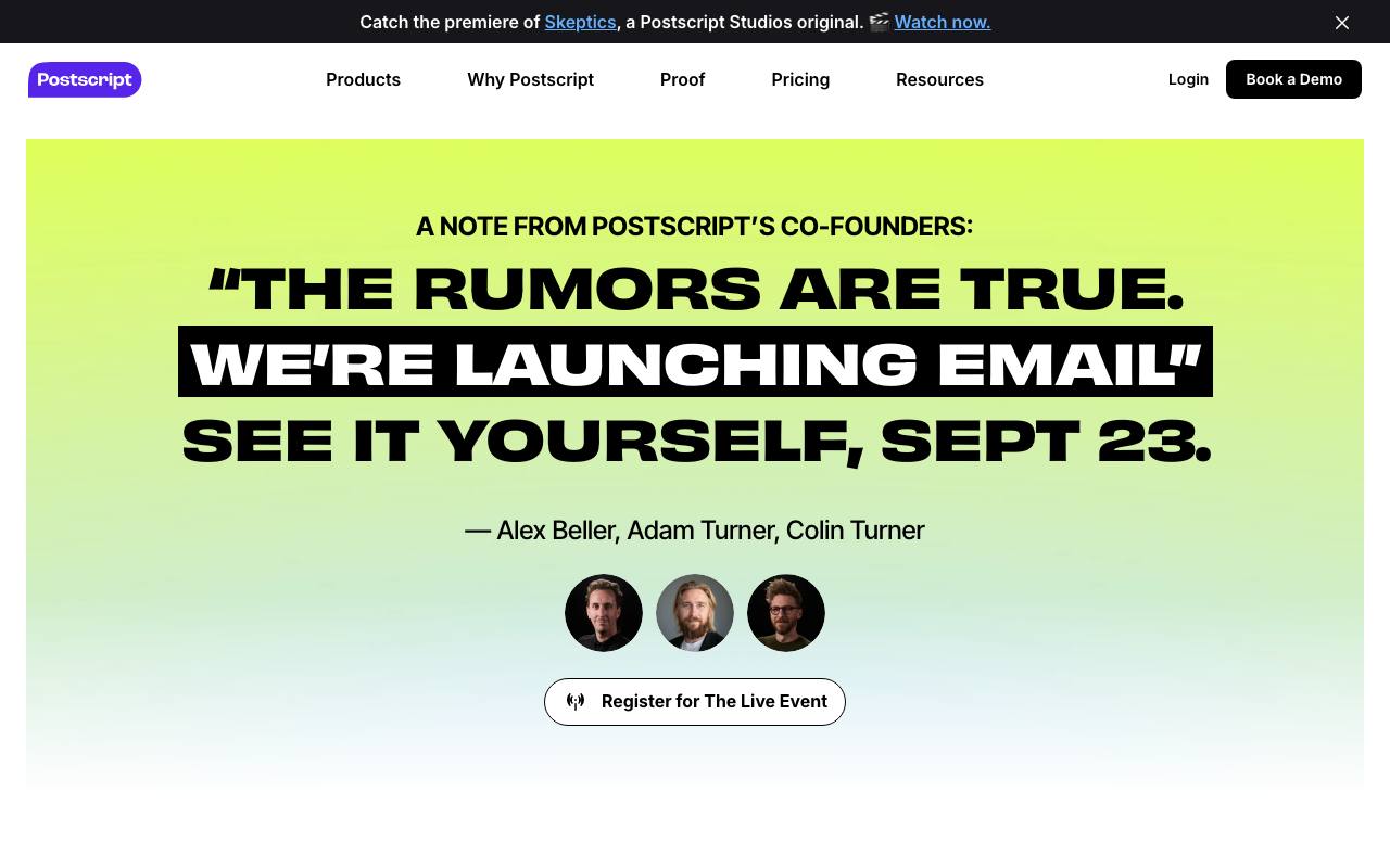 Screenshot of the Postscript homepage