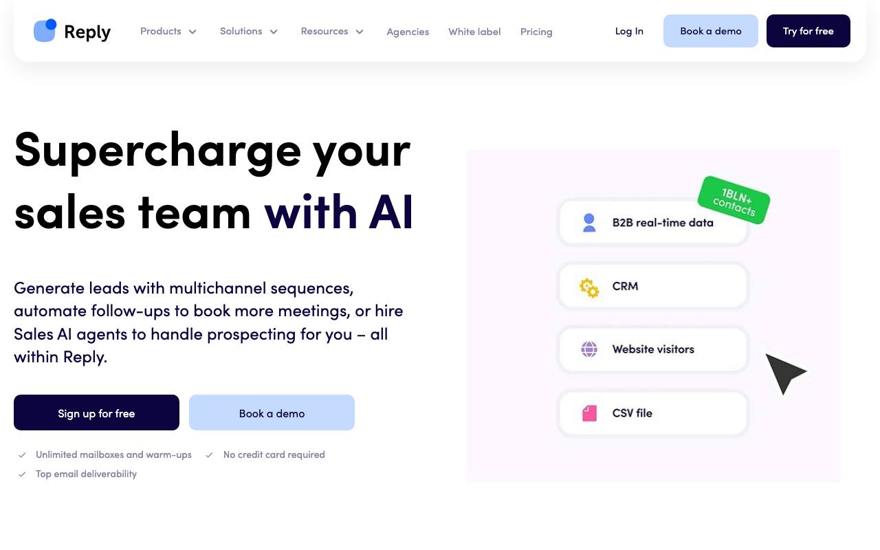 Screenshot of the Reply.io homepage
